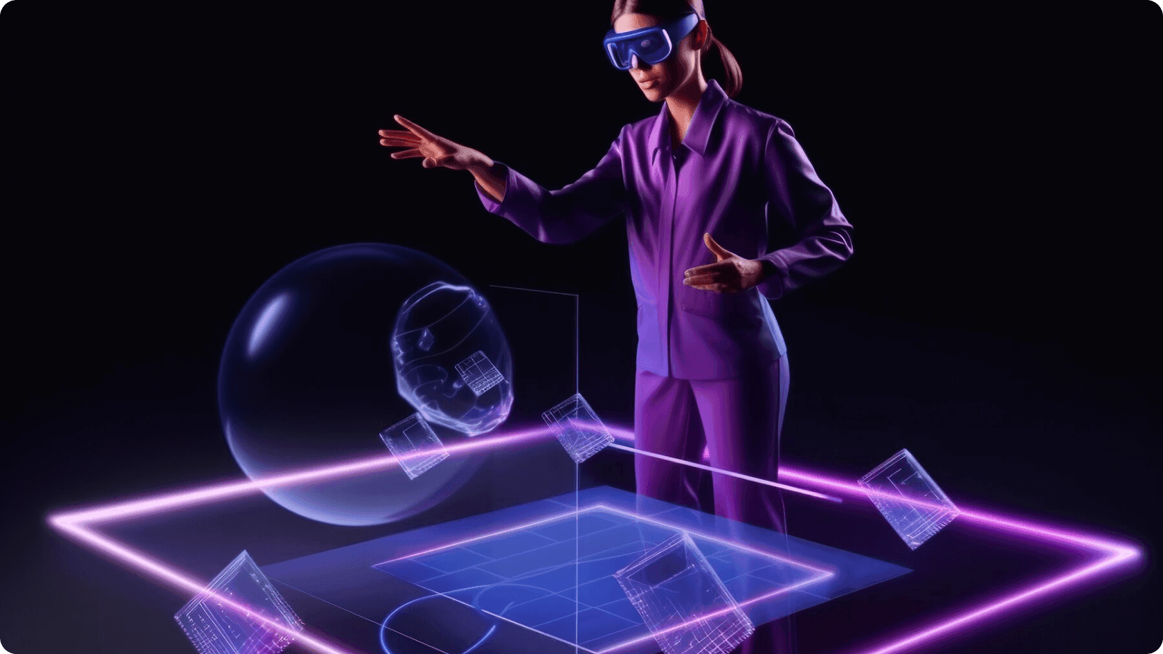 Isometric 3d render of [woman in virtual reality glasses] is working on hologram